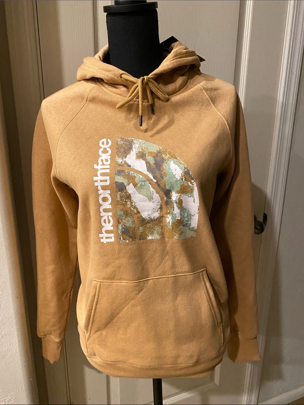 The North Face Tan Pullover Hoodie with White & Green Camo Logo